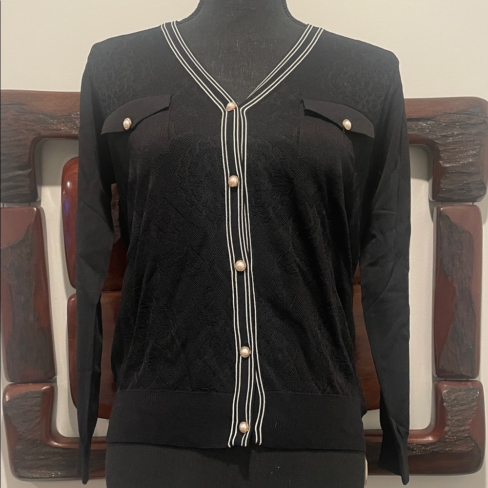 Chic Black Cardigan with Pearl Button Details
